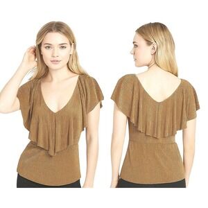 Alice + Olivia Gold Metallic‎ Peplum Top Women Small Ruffle Cold Shoulder Knit